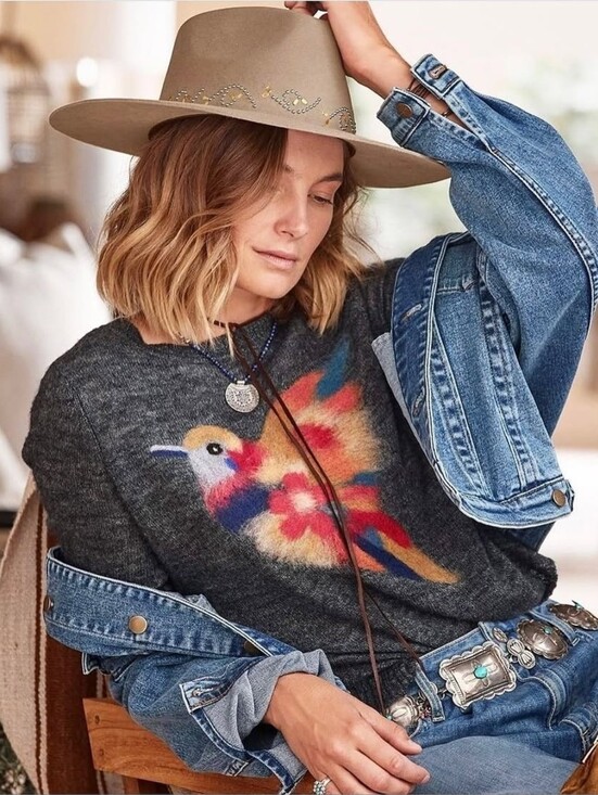 Saccharine Sweaters - Saccharine New York 100% Cashmere Hummingbird Sweater Blue Floral Knit Small